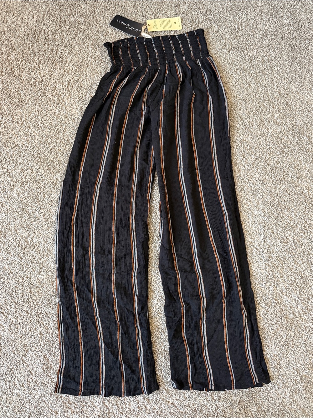 Elan Black Wide-Leg Striped Pants with Brown & White Stripes